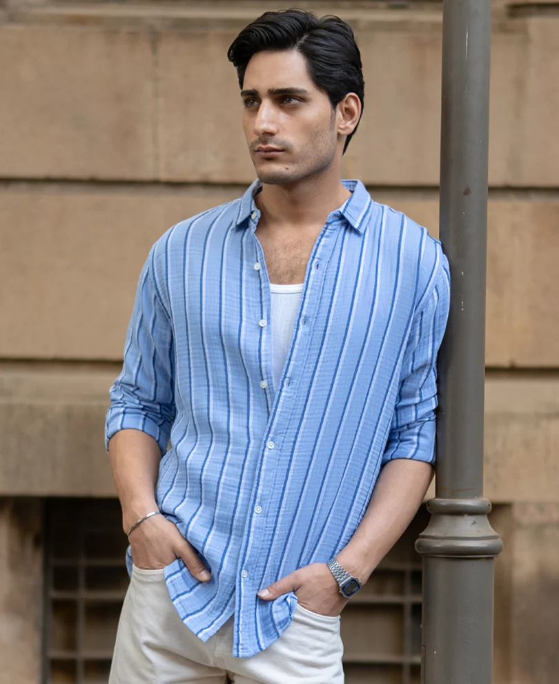 Blue Double Cloth Striped Shirt 100% Cotton - Image 3