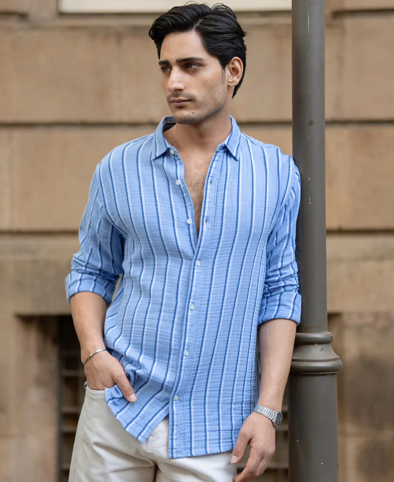 Blue Double Cloth Striped Shirt 100% Cotton - Image 4