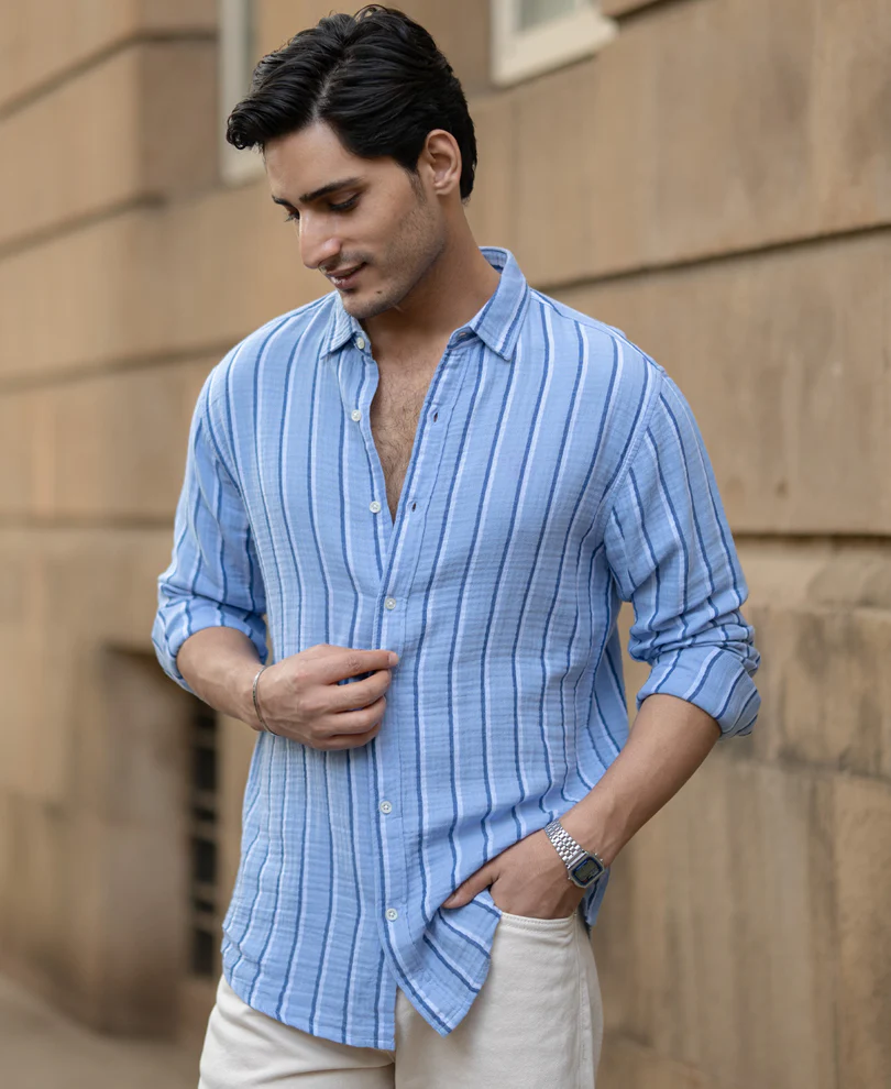Blue Double Cloth Striped Shirt 100% Cotton - Image 5