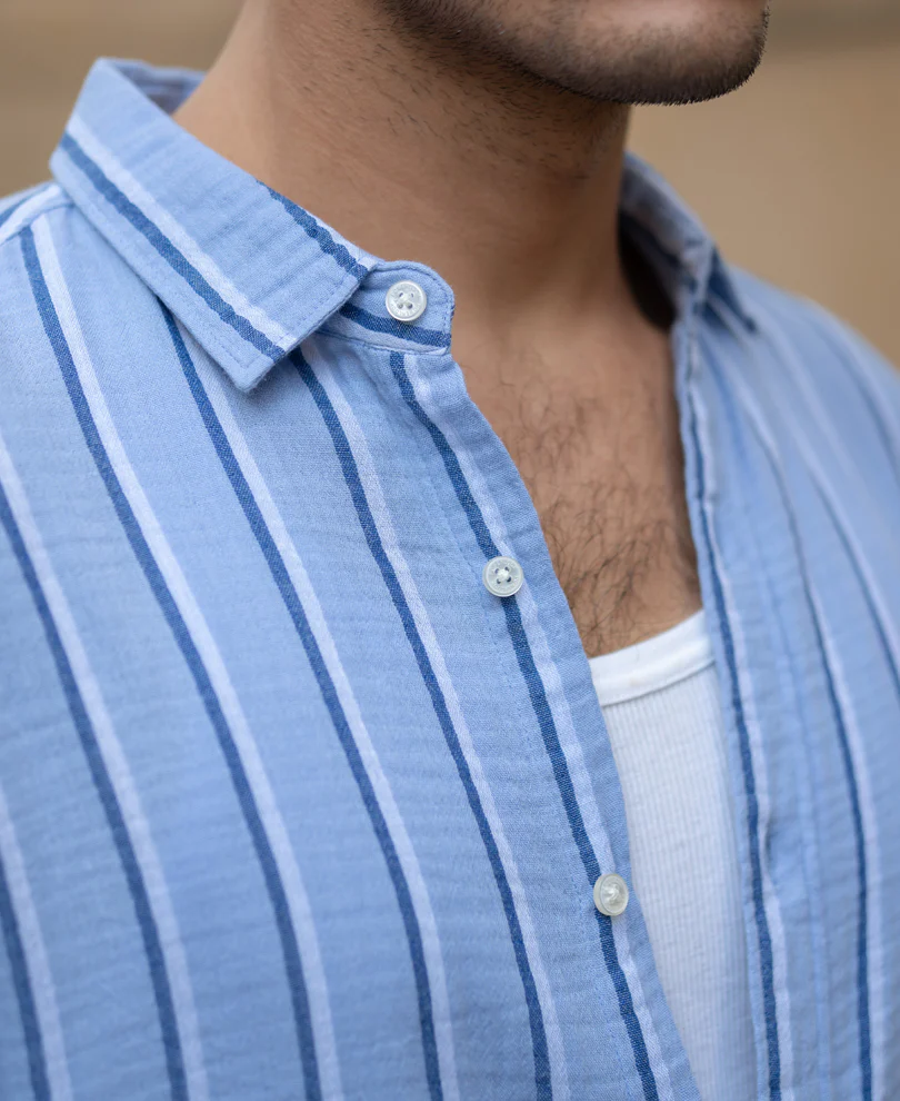 Blue Double Cloth Striped Shirt 100% Cotton - Image 6