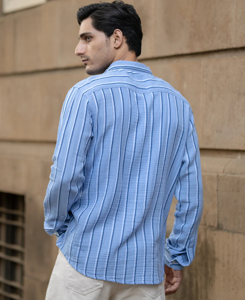 Blue Double Cloth Striped Shirt 100% Cotton - Image 7