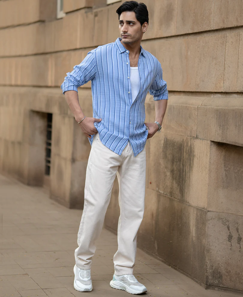 Blue Double Cloth Striped Shirt 100% Cotton - Image 8
