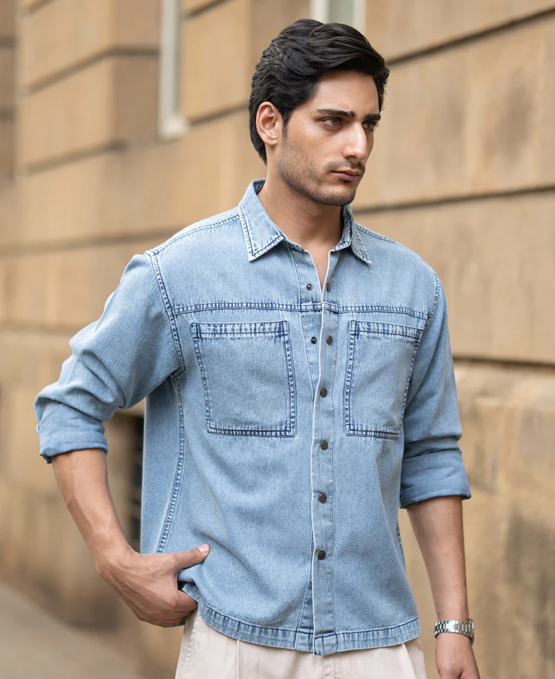 Blue Double Pocket Denim Shirt 100% Cotton - Image 2