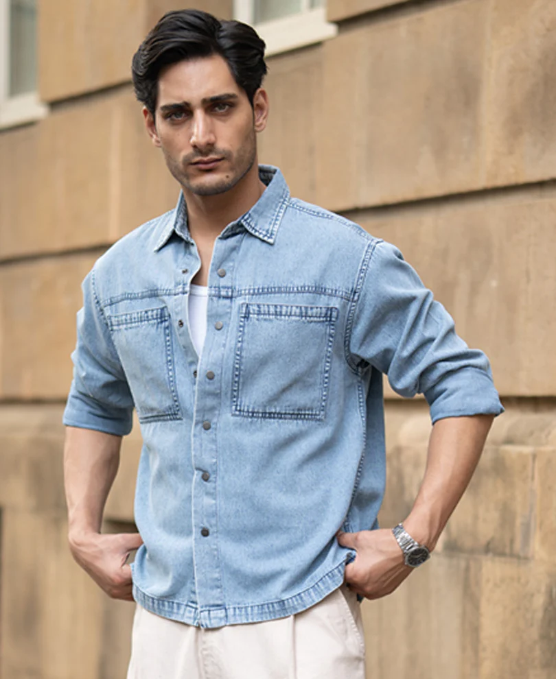 Blue Double Pocket Denim Shirt 100% Cotton - Image 3