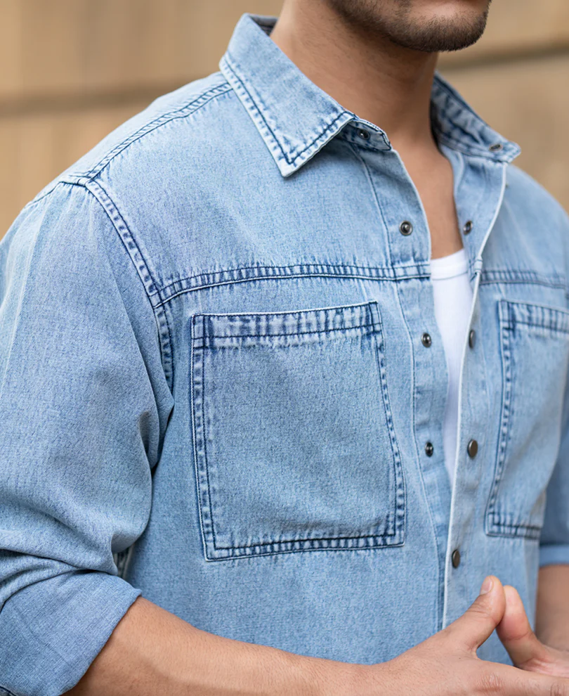 Blue Double Pocket Denim Shirt 100% Cotton - Image 4