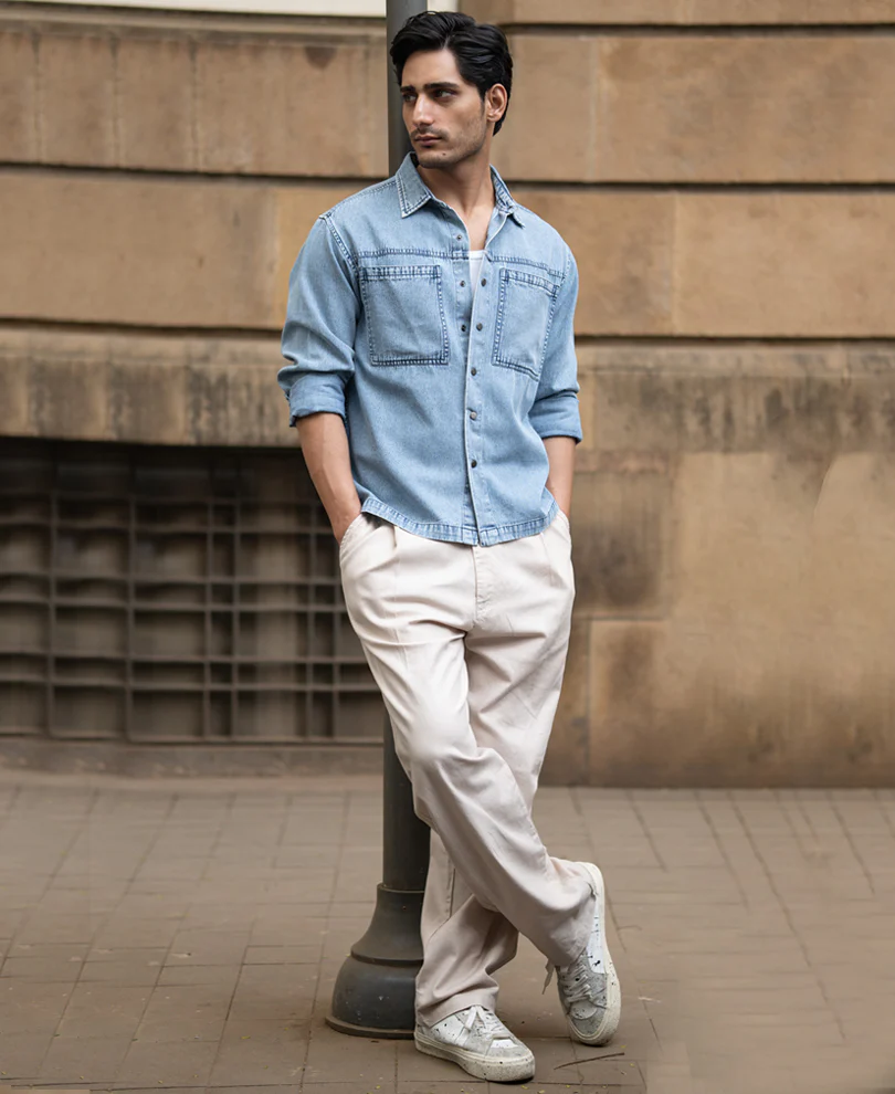 Blue Double Pocket Denim Shirt 100% Cotton - Image 6