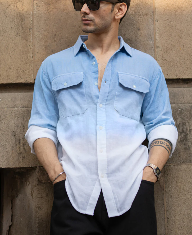 Blue Double Pocket Ombre Shirt 100% Cotton - Image 2