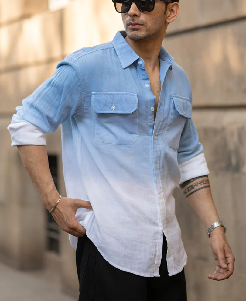 Blue Double Pocket Ombre Shirt 100% Cotton - Image 5