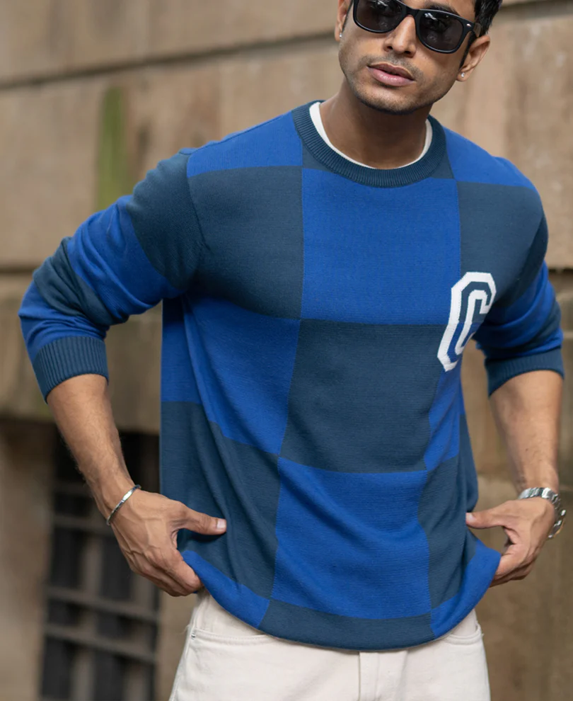 Blue Jacquard Knit T-Shirt 100% Cotton - Image 2