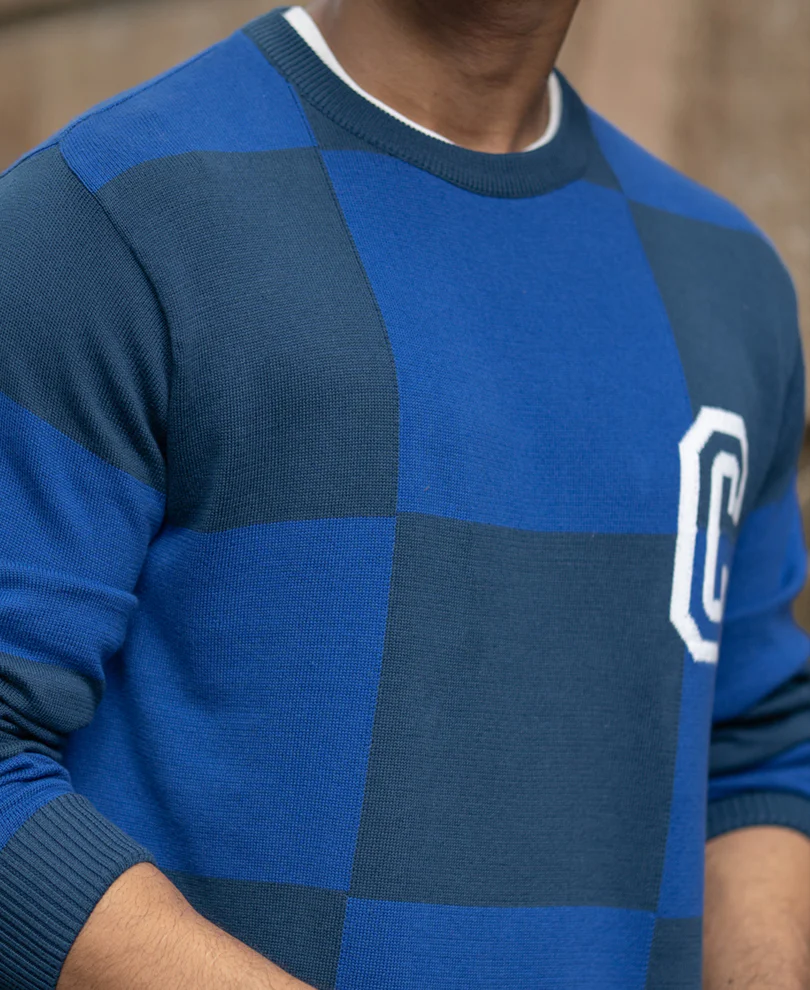 Blue Jacquard Knit T-Shirt 100% Cotton - Image 4