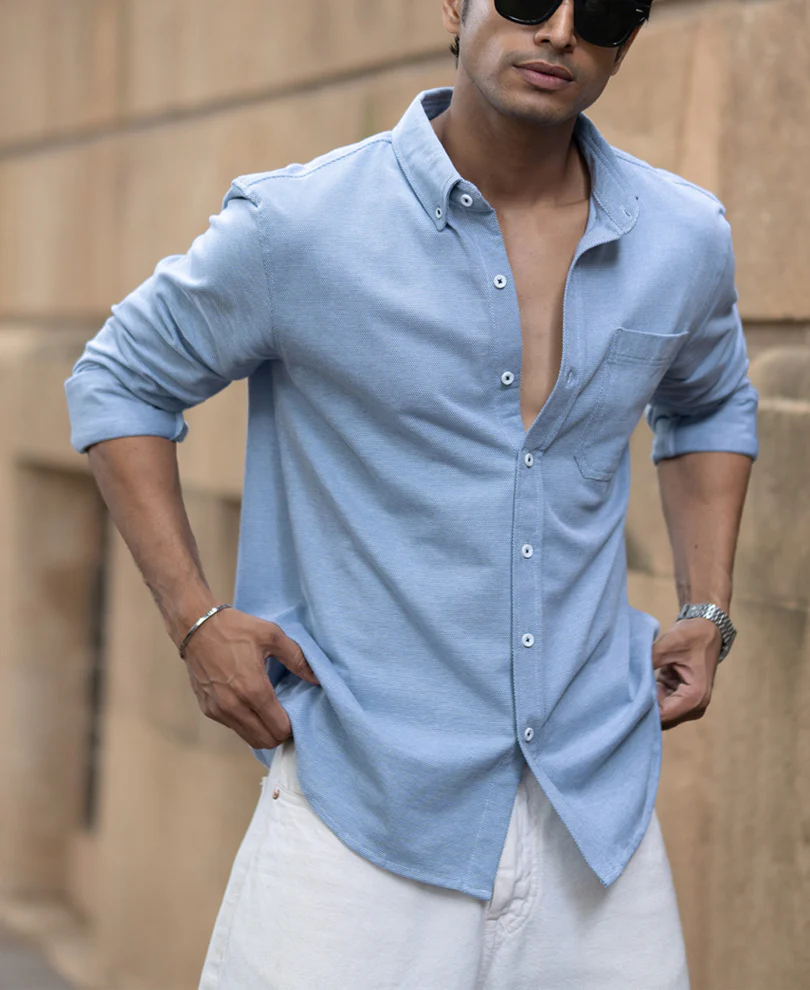 Blue Knitted Button Down Shirt 100% Cotton - Image 2
