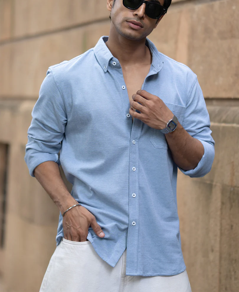 Blue Knitted Button Down Shirt 100% Cotton - Image 3