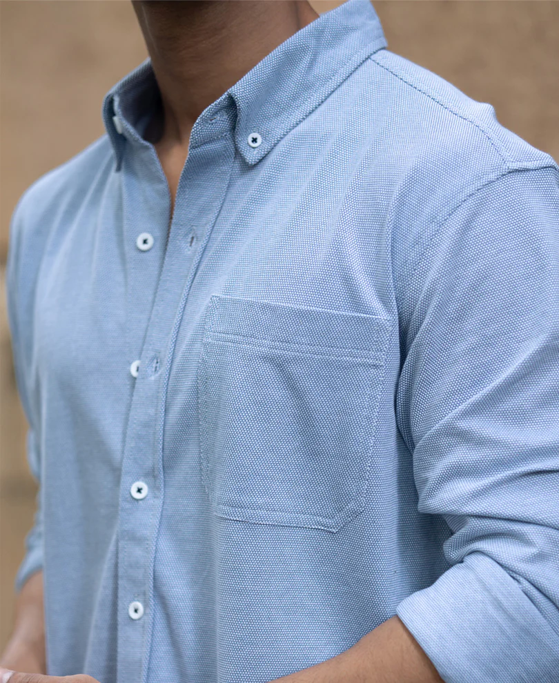 Blue Knitted Button Down Shirt 100% Cotton - Image 5