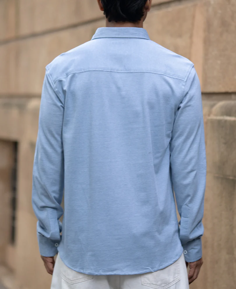 Blue Knitted Button Down Shirt 100% Cotton - Image 6