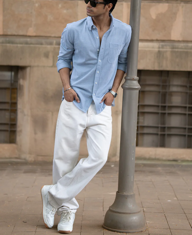 Blue Knitted Button Down Shirt 100% Cotton - Image 7