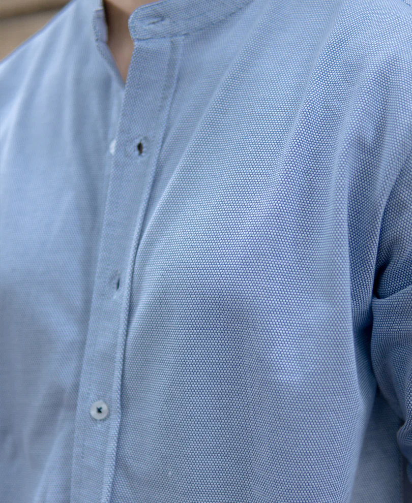 Blue Knitted Mandarin Collar Shirt 100% Cotton - Image 3