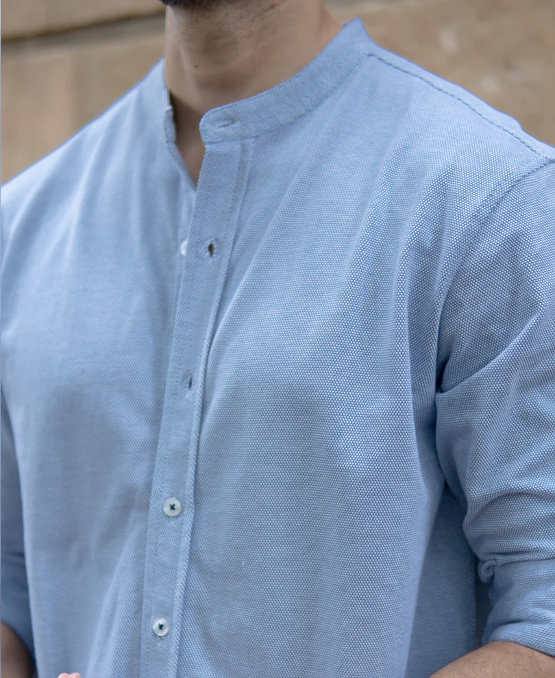 Blue Knitted Mandarin Collar Shirt 100% Cotton - Image 4