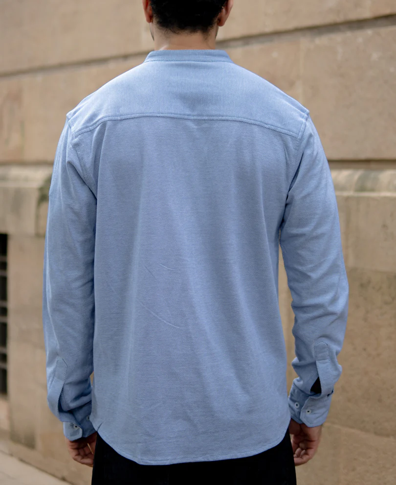 Blue Knitted Mandarin Collar Shirt 100% Cotton - Image 5
