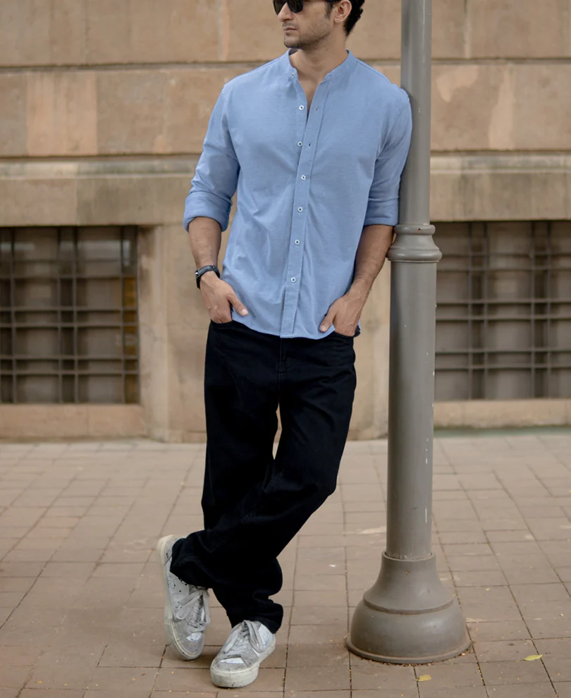 Blue Knitted Mandarin Collar Shirt 100% Cotton - Image 6