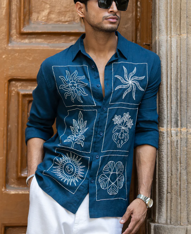 Blue Linen Blend Embroidery Shirt - Image 2