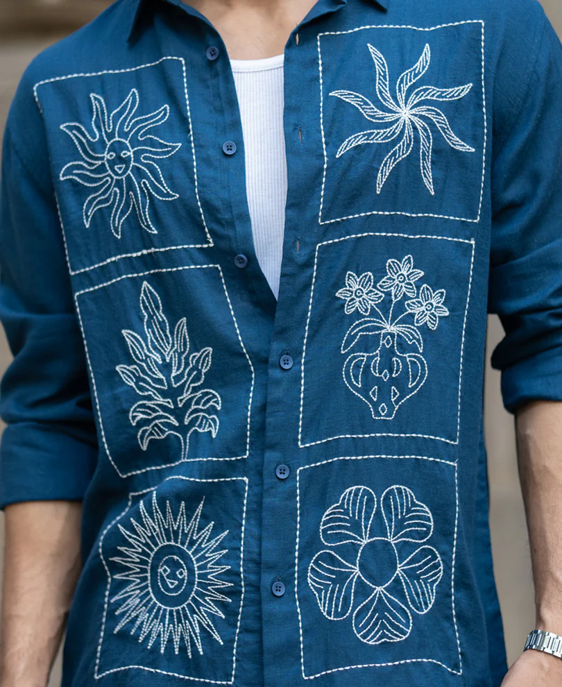 Blue Linen Blend Embroidery Shirt - Image 3