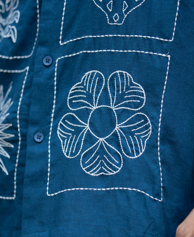 Blue Linen Blend Embroidery Shirt - Image 4