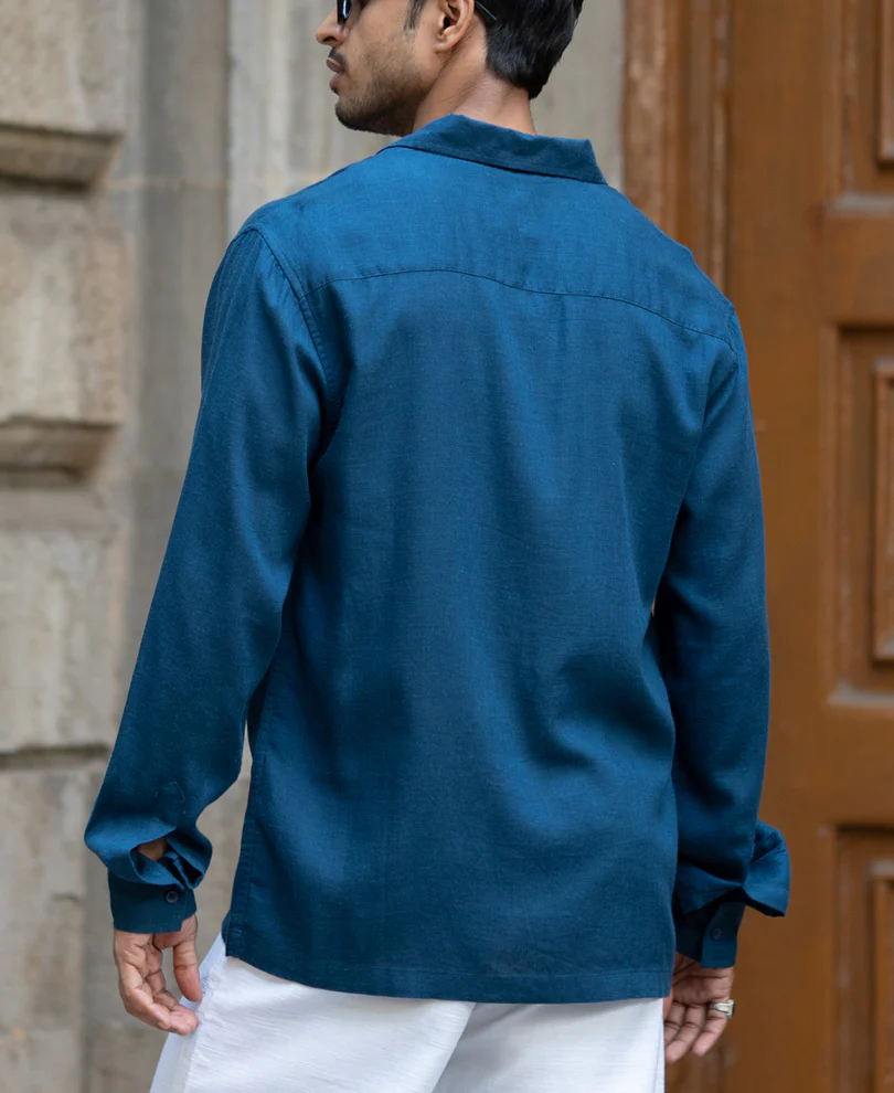 Blue Linen Blend Embroidery Shirt - Image 5