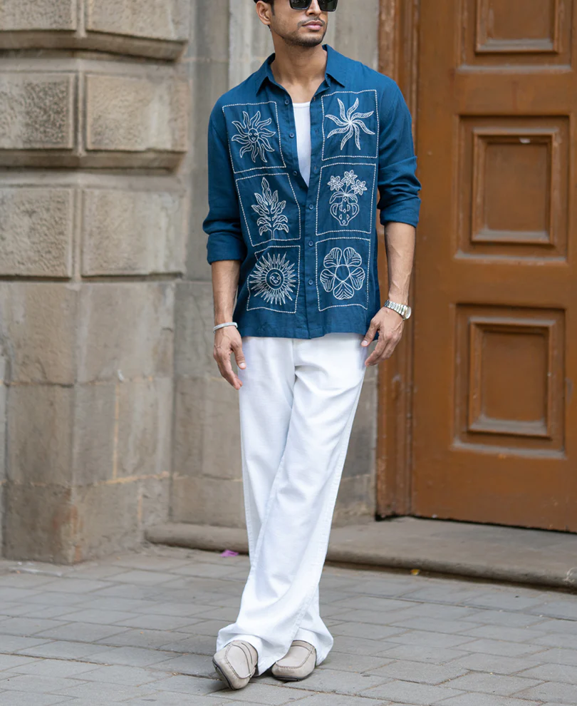Blue Linen Blend Embroidery Shirt - Image 6