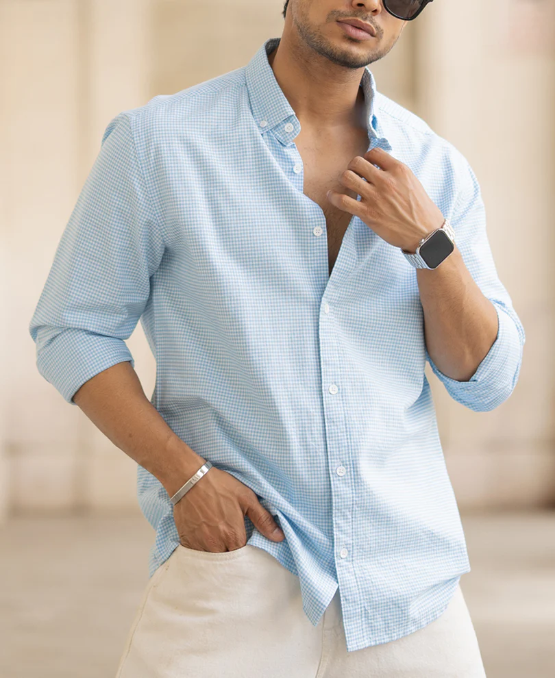 Blue Micro Checked Shirt - Image 2
