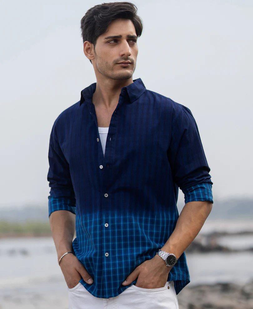 Blue Ombre Checks Shirt 100% Cotton - Image 2