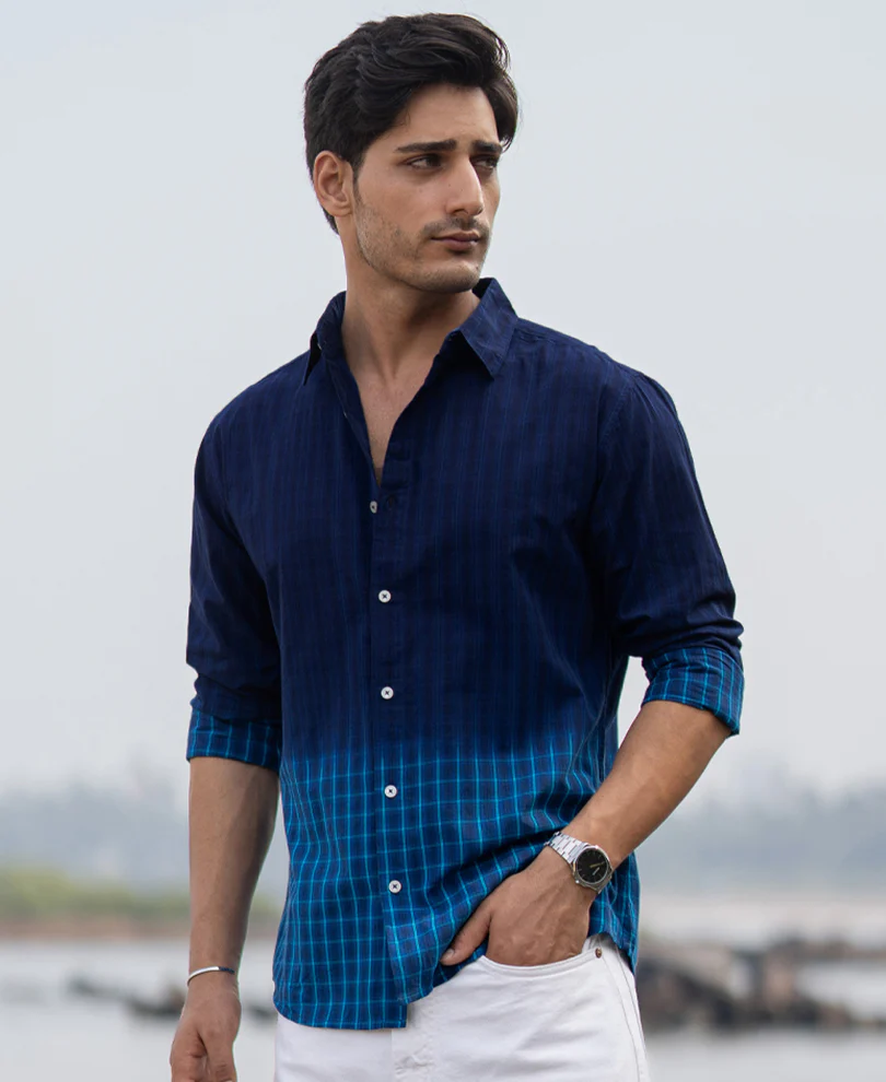 Blue Ombre Checks Shirt 100% Cotton - Image 3
