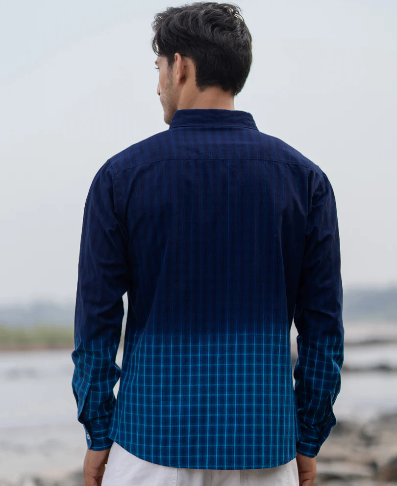 Blue Ombre Checks Shirt 100% Cotton - Image 6