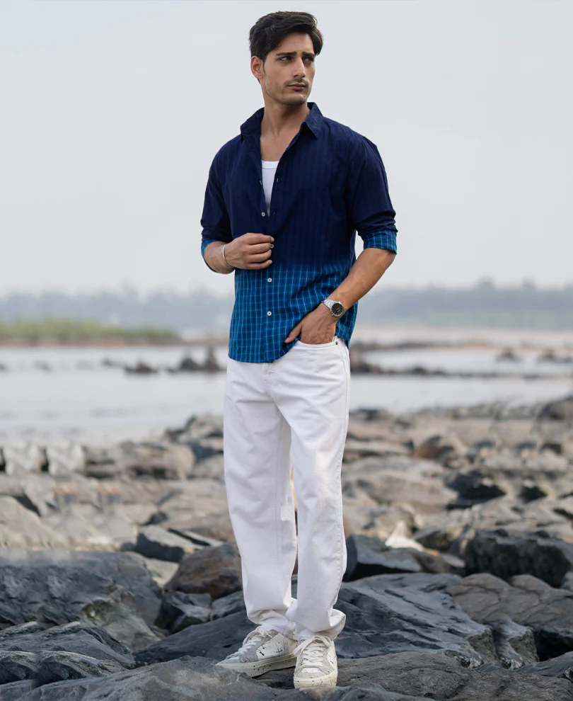 Blue Ombre Checks Shirt 100% Cotton - Image 7