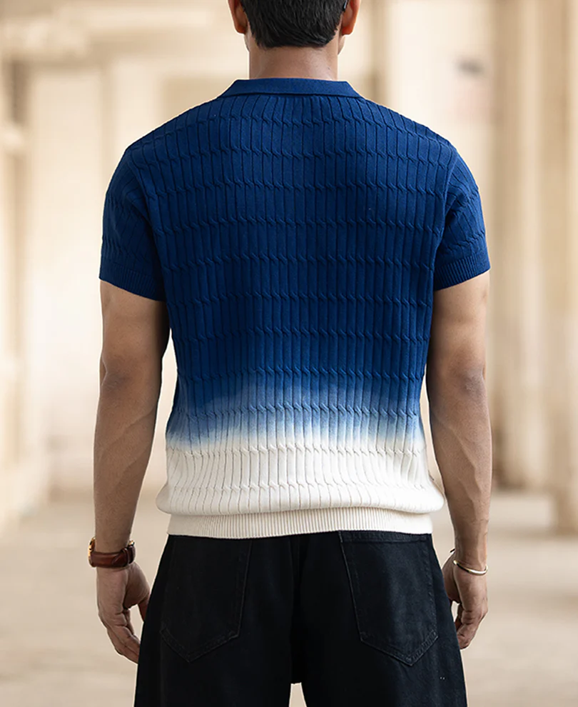 Blue Ombre Knit Polo T-Shirt 100% Cotton - Image 3