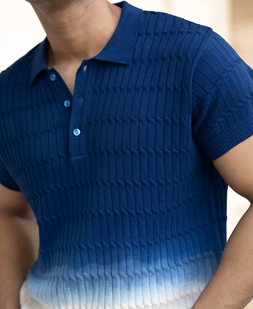 Blue Ombre Knit Polo T-Shirt 100% Cotton - Image 4