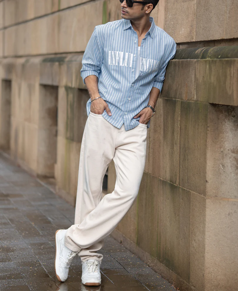 Blue Oversize Stripe Shirt With Print - Image 6