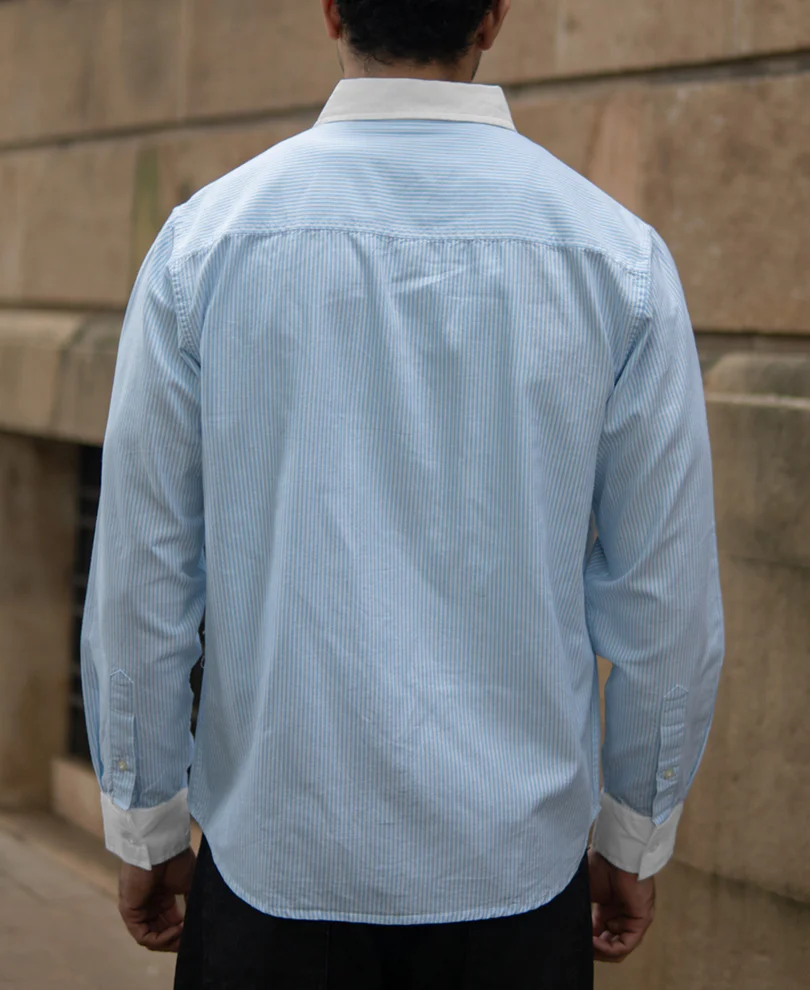 Blue Oxford Contrast Collar Stripe Shirt 100% Cotton - Image 2