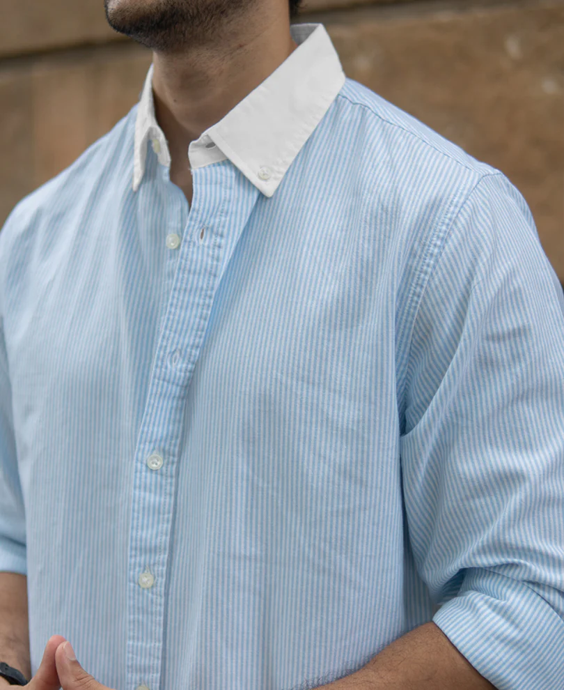 Blue Oxford Contrast Collar Stripe Shirt 100% Cotton - Image 3