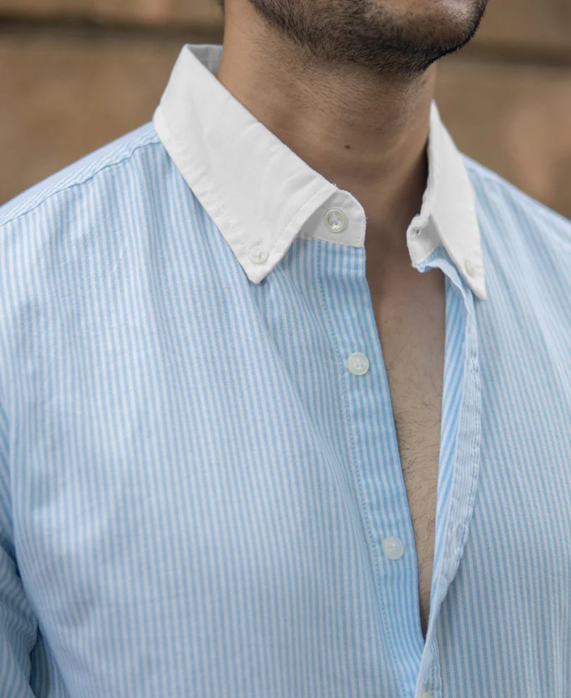Blue Oxford Contrast Collar Stripe Shirt 100% Cotton - Image 4