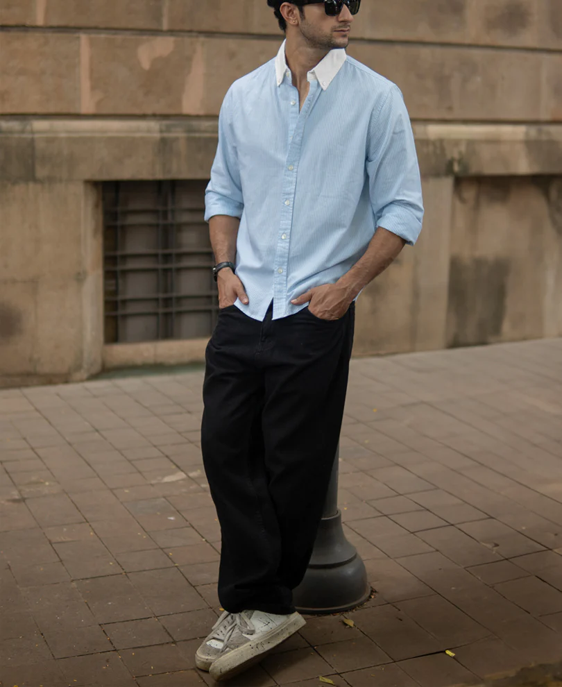 Blue Oxford Contrast Collar Stripe Shirt 100% Cotton - Image 5