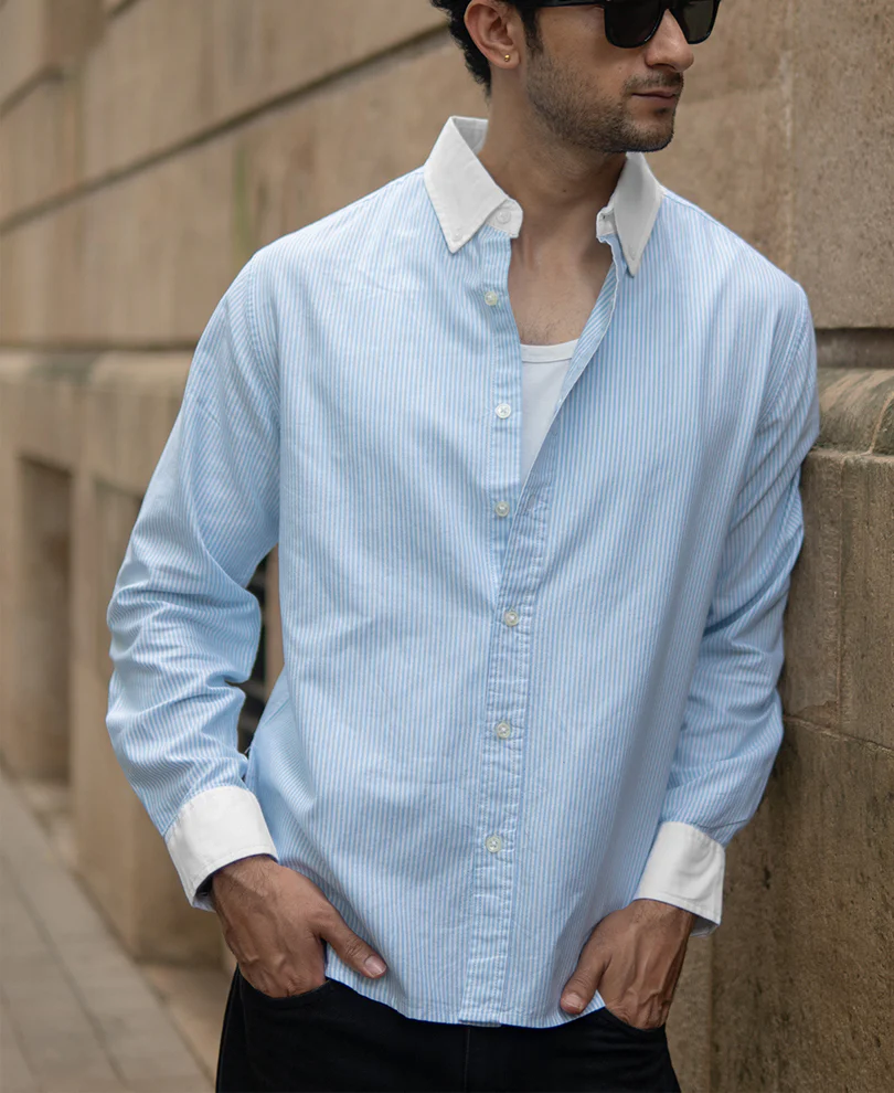 Blue Oxford Contrast Collar Stripe Shirt 100% Cotton - Image 6