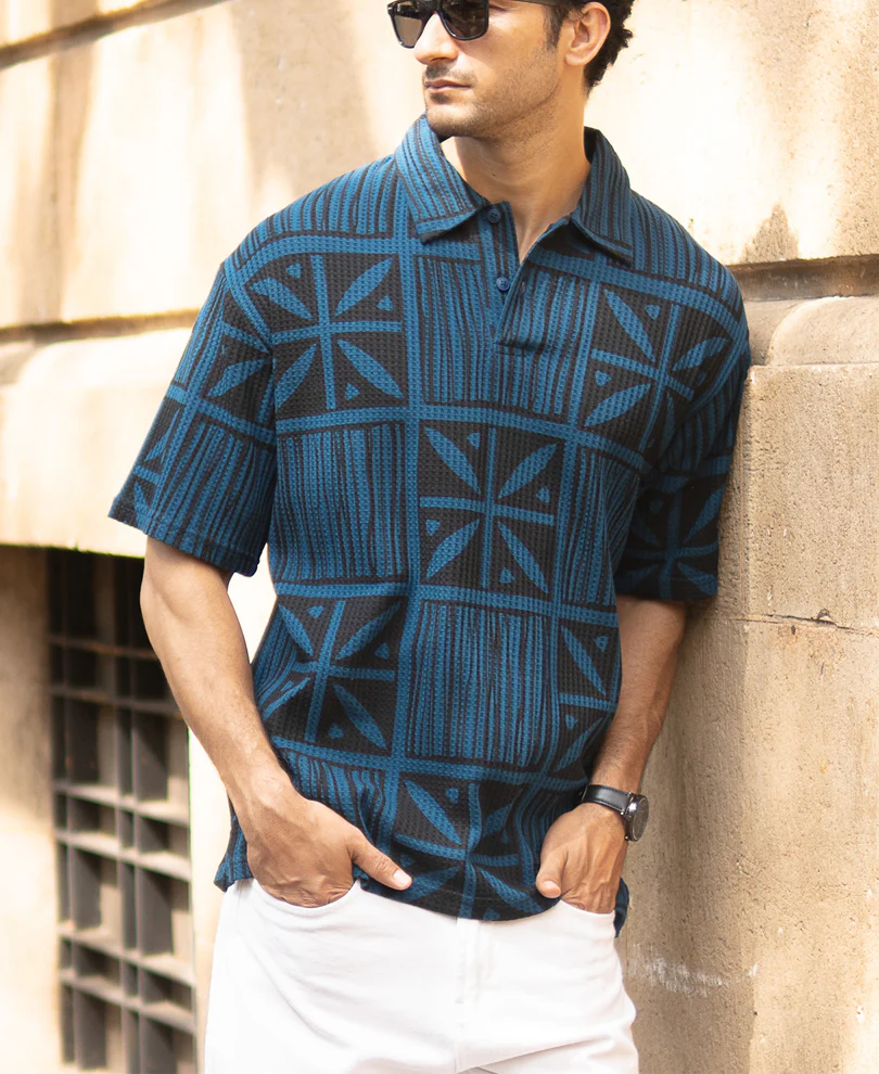 Blue Printed Polo T-Shirt - Image 2