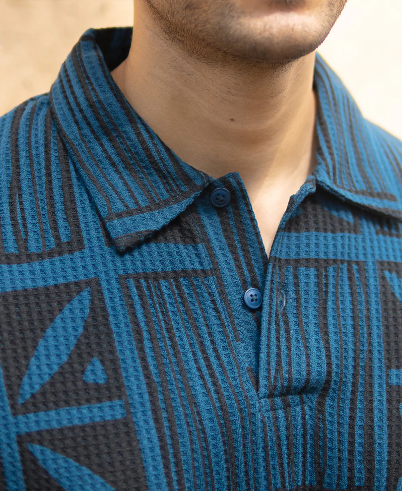 Blue Printed Polo T-Shirt - Image 3