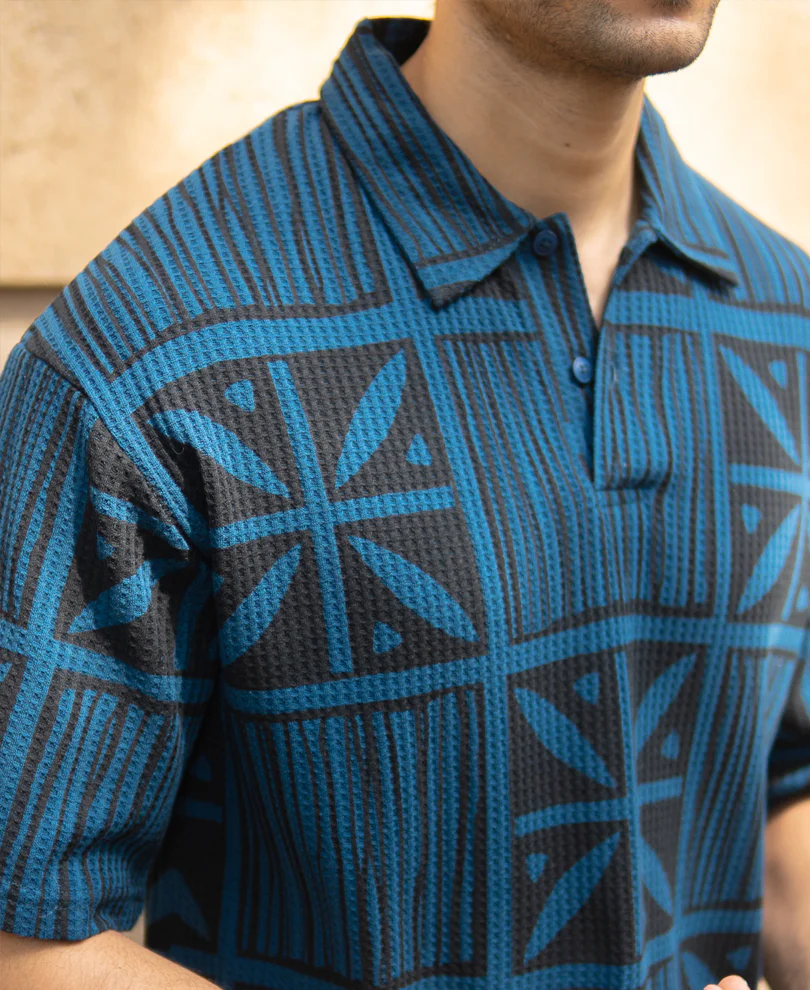 Blue Printed Polo T-Shirt - Image 4