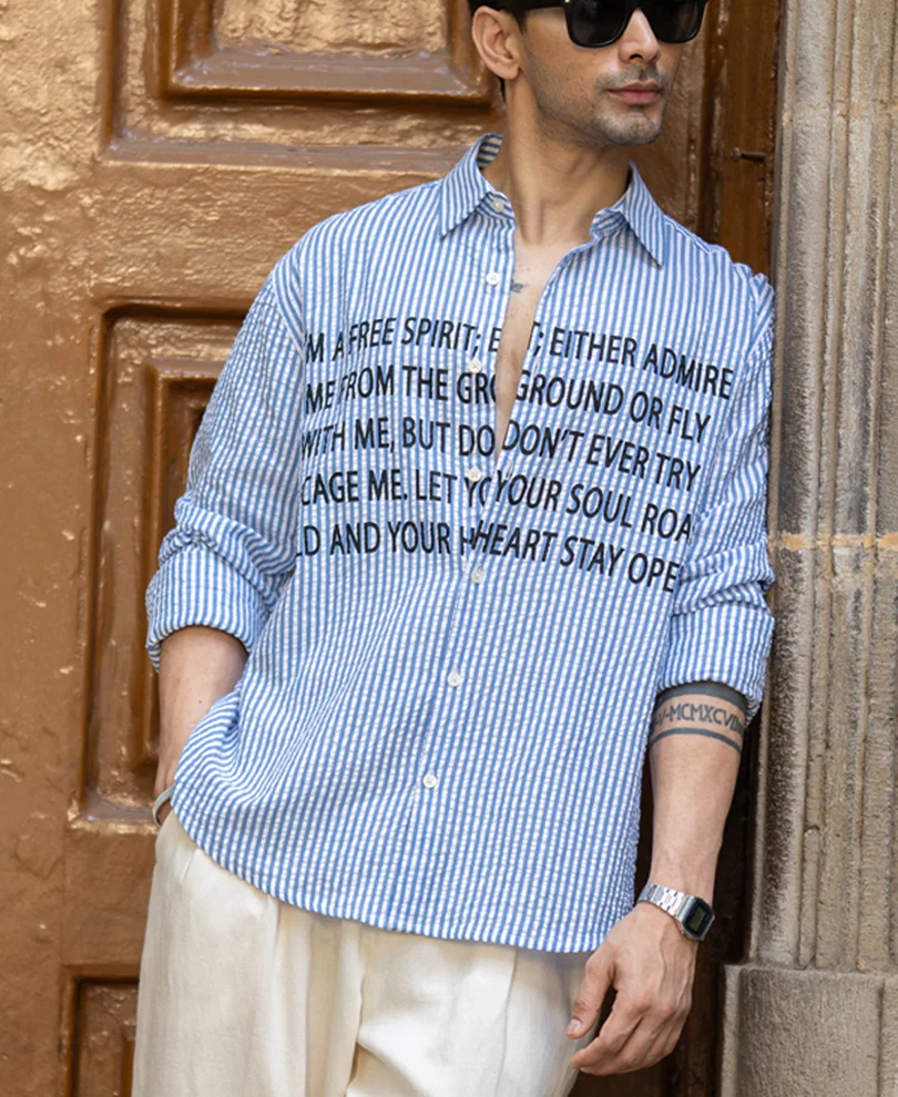 Blue Seersucker Printed Shirt 100% Cotton - Image 2