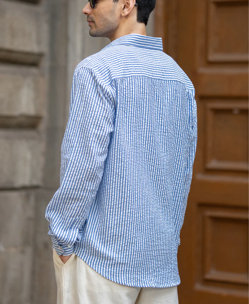 Blue Seersucker Printed Shirt 100% Cotton - Image 6