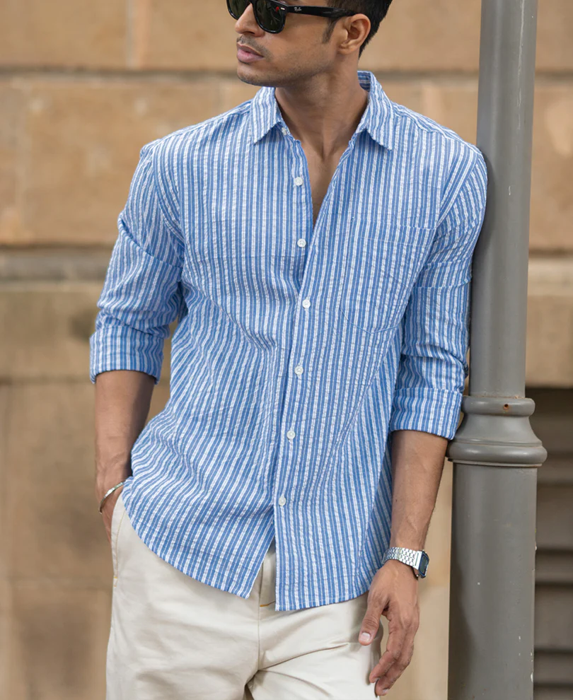 Blue Seersucker Striped Shirt 100% Cotton - Image 3
