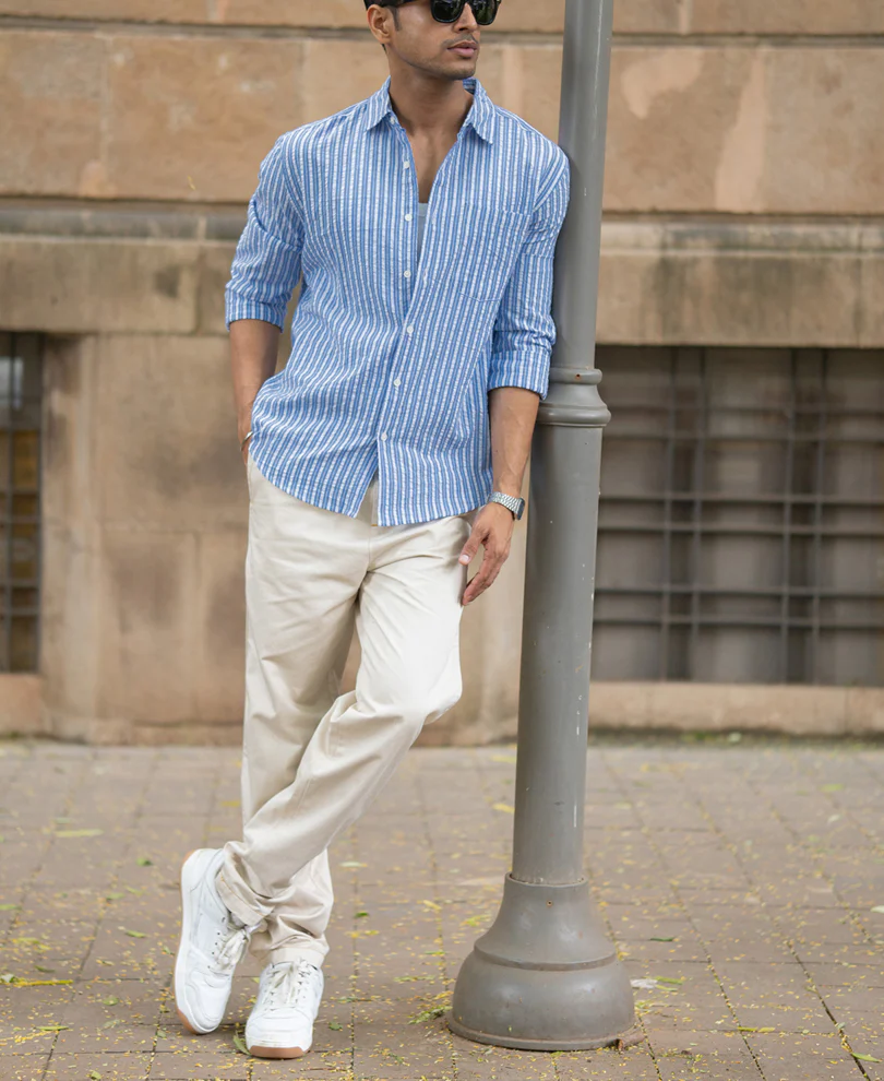 Blue Seersucker Striped Shirt 100% Cotton - Image 6