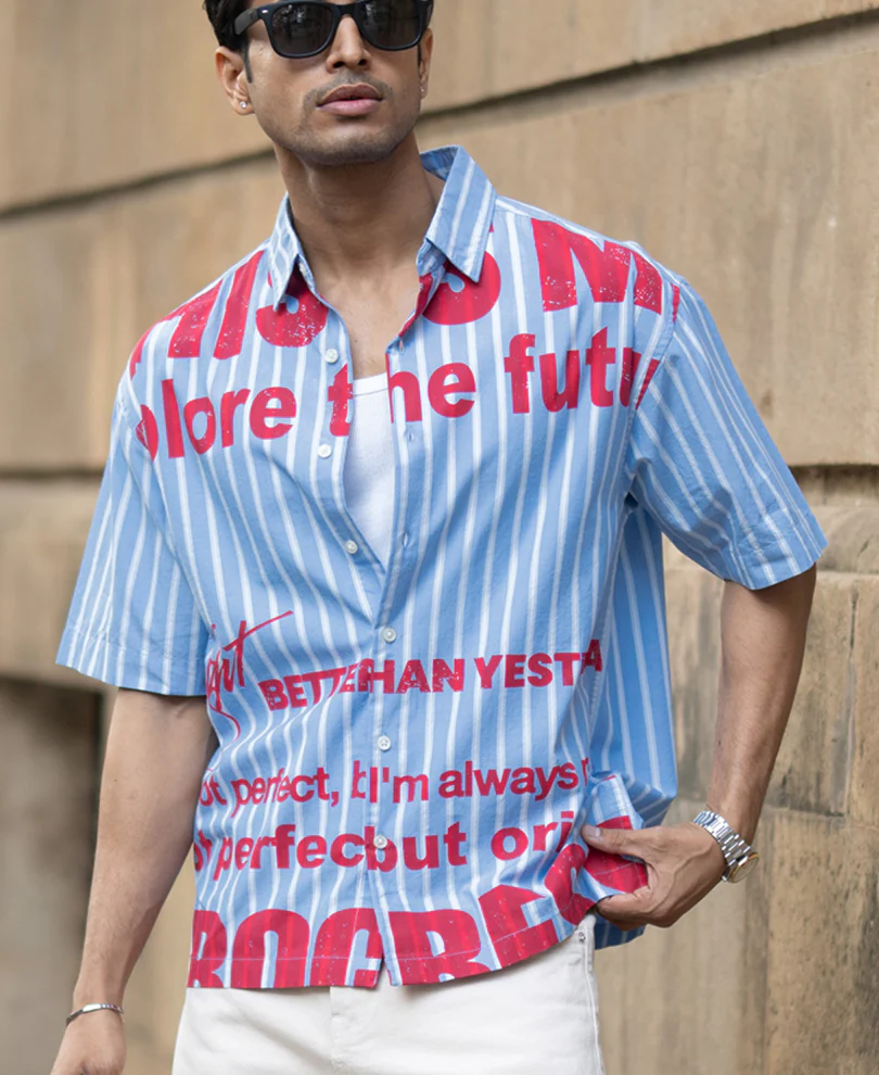 Blue Slogan Print Stripe Shirt 100% Cotton - Image 2