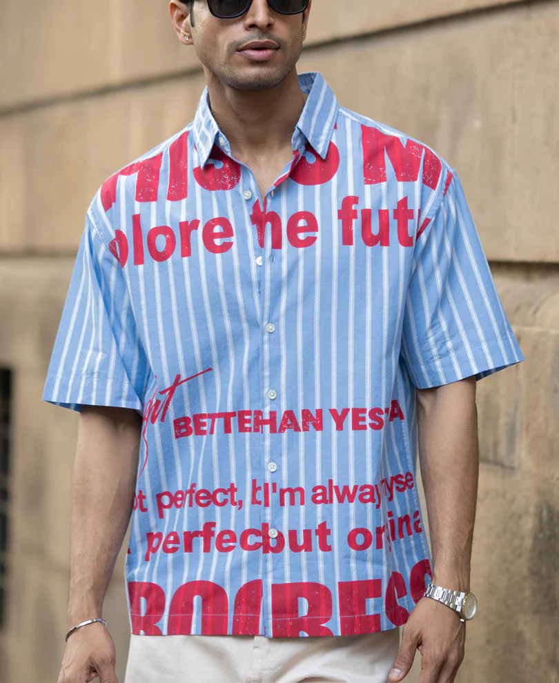 Blue Slogan Print Stripe Shirt 100% Cotton - Image 3
